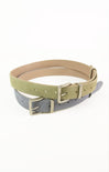 Two belts, one beige and one gray with a gold buckle, on a white background.