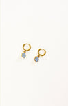 Gold earrings with blue flower-shaped charms on a white background