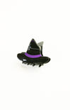Black witch hat hair clip with purple band on a white background