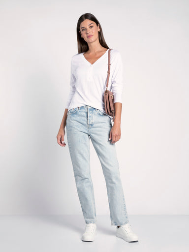 Frankie Top -  White, v Neck Long Sleeve, Button Front Detail