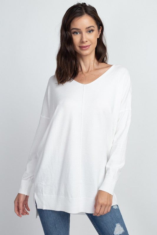 Dreamers Sweater- Neutrals - Long Sleeve, Relaxed Fit, Long in Length, Scoop Neck, White
