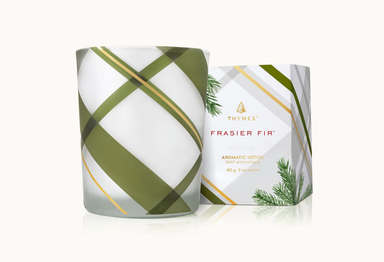 Frasier Fir Frosted Plaid Votive Candle - Votive, Frasier Fir Candle, 2 ounces, gold and green plaid, 