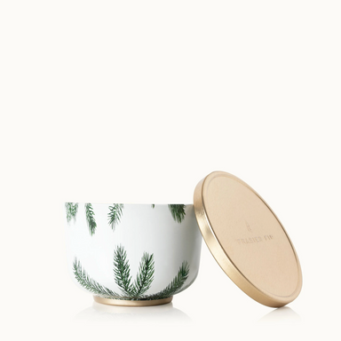 Frasier Fir Candle Tin with Gold Lid -  Tin Candle, White vessel with pine needles, Gold lid and base 