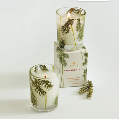 Frasier Fir Votive Candle, Pine Needle Design - Clear vessel, votive small candle, pine needel design