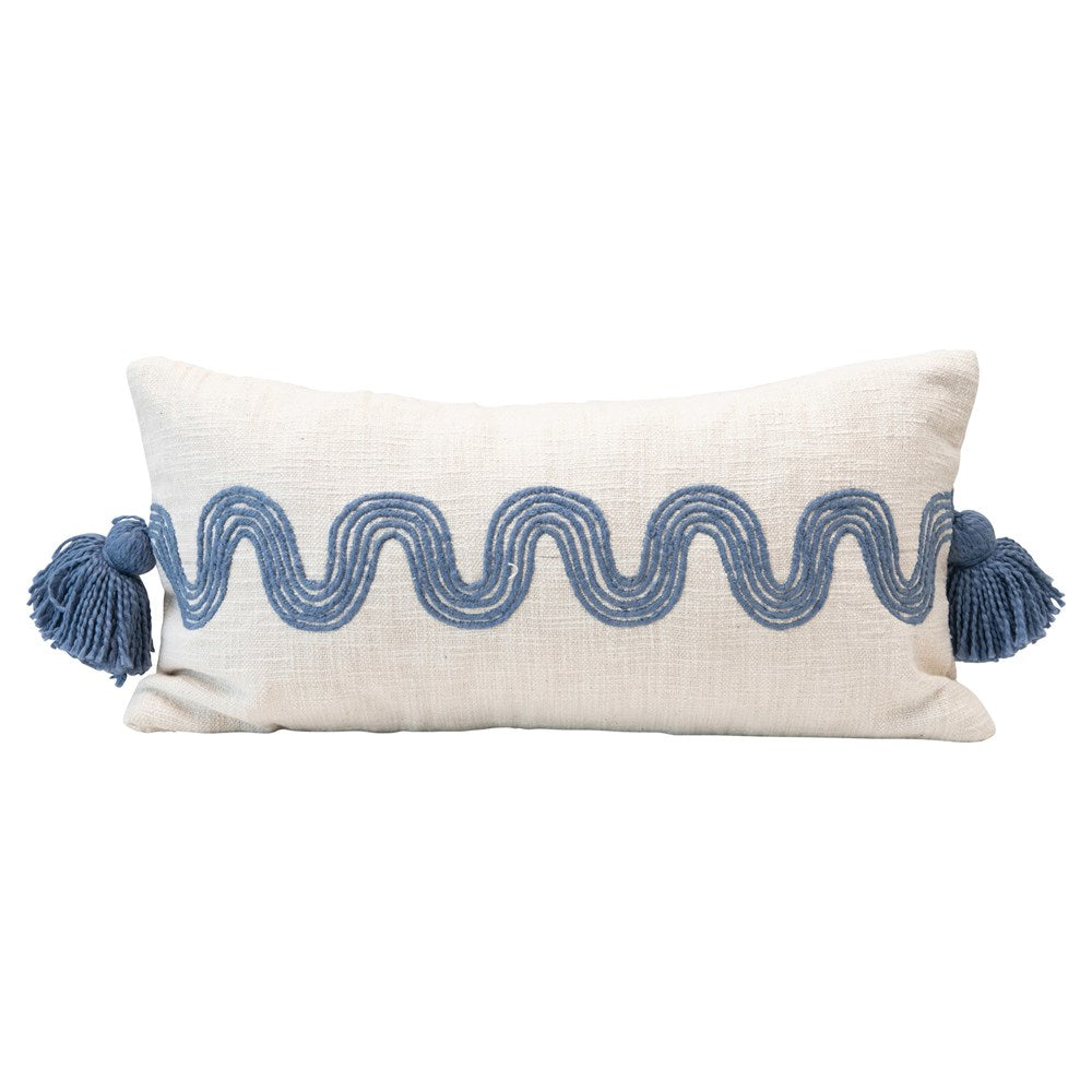 Cotton Lumbar Pillow w/ Embroidered Curved Pattern & Tassels -  ShopatGrace.com