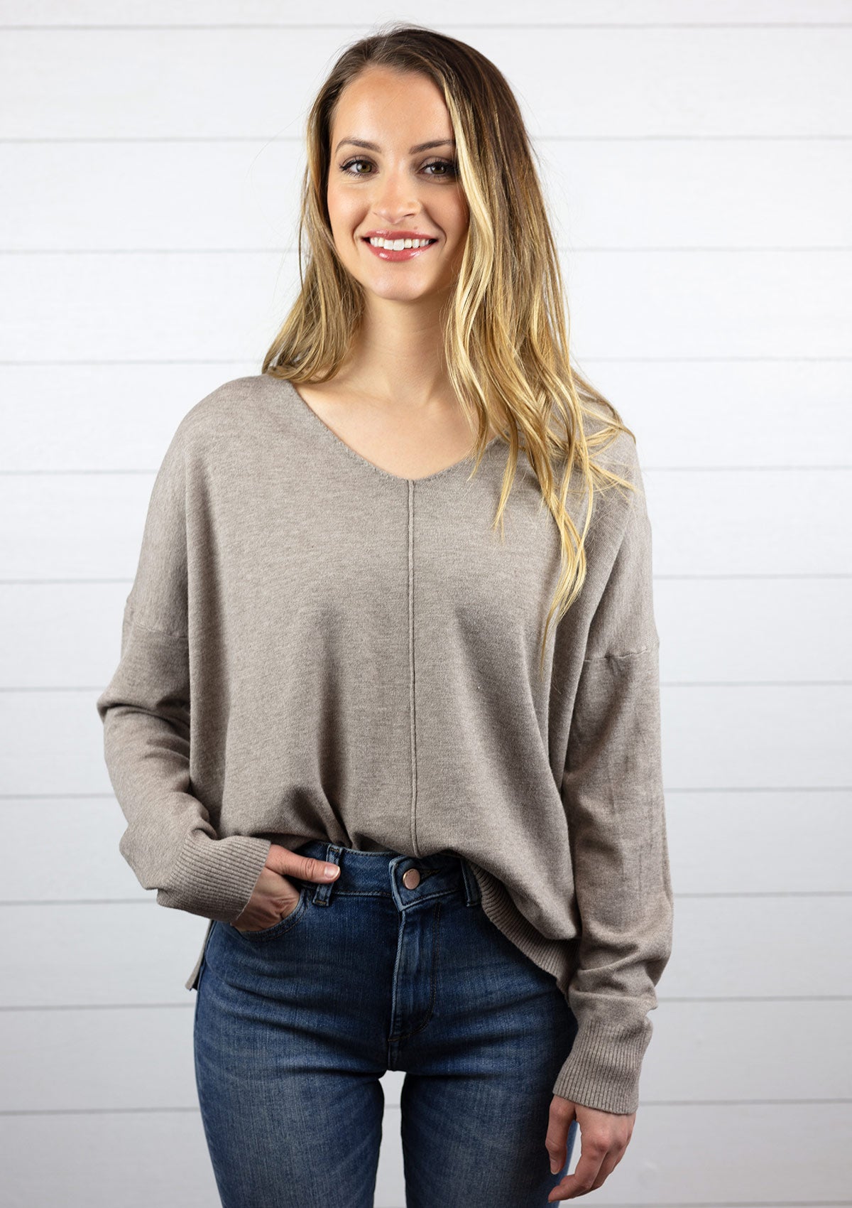 Dreamers Sweater- Neutrals - Long Sleeve, Relaxed Fit, Long in Length, Scoop Neck, Mocha