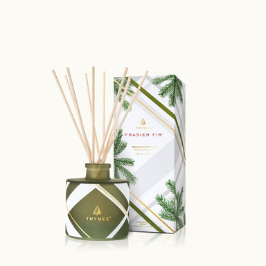 Frasier Fir Frosted Plaid Petite Reed Diffuser -  Diffuser kit, green vessel with plaid, sticks included